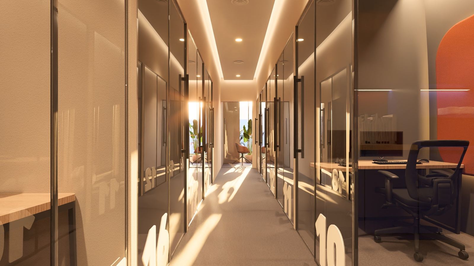 Warm corridor of private offices with frosted glass doors