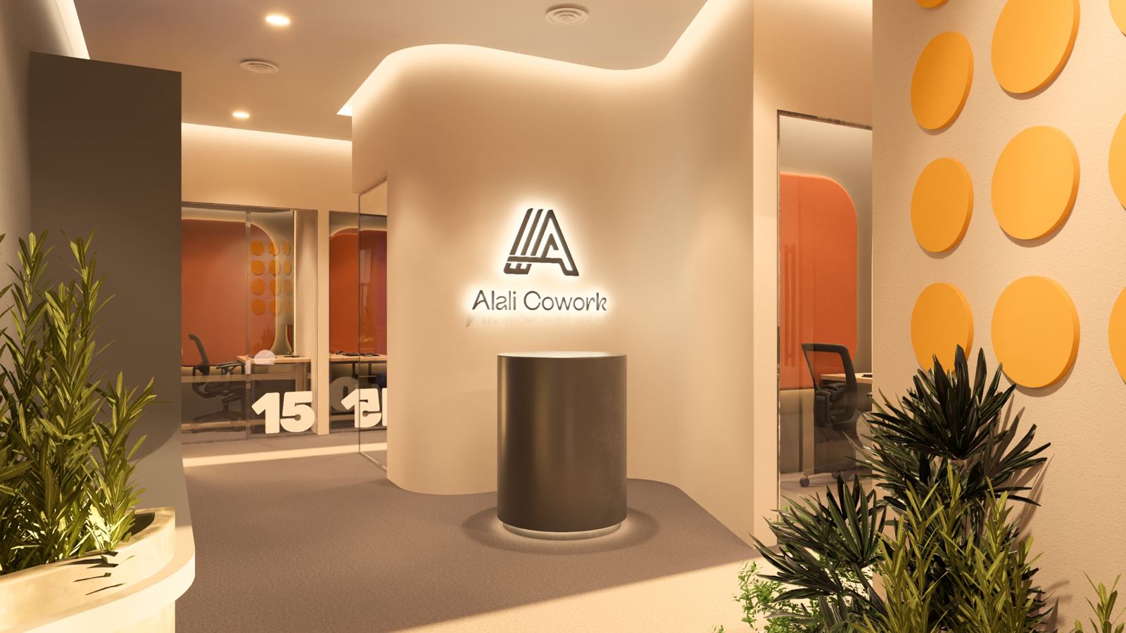 Reception area with logo wall